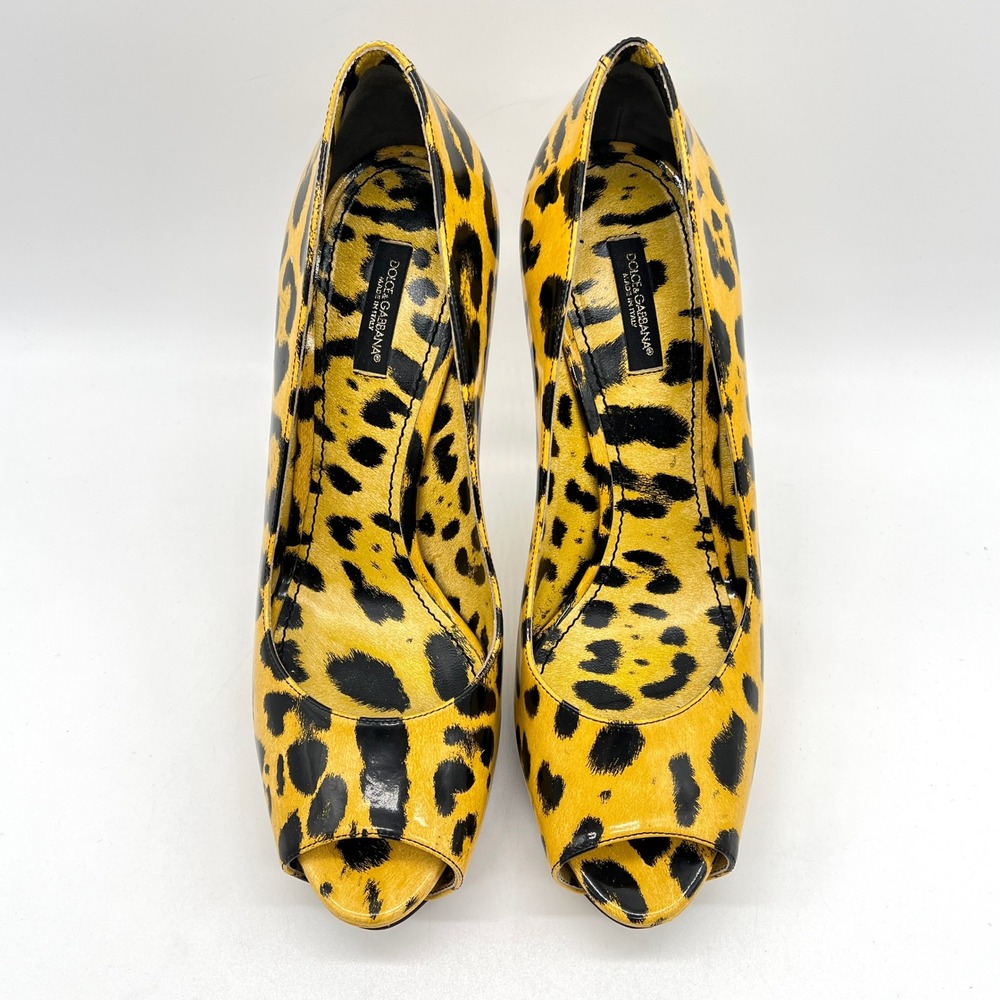 DOLCE & GABBANA Yellow Leopard Peep Toe Platform Pump 9.5 Black Animal Stiletto - Picture 3 of 16